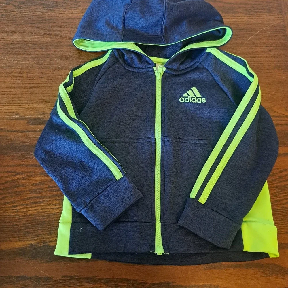 Adidas Boys 3 Piece Set Hoodie Joggers Shorts Navy Neon Green 2T
